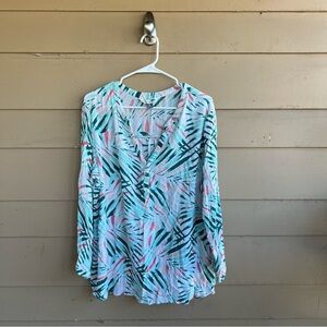 Old Navy Top Tunic Shirt Womens XL Palm Leaf Print Long Sleeve V-neck 1/4 Button